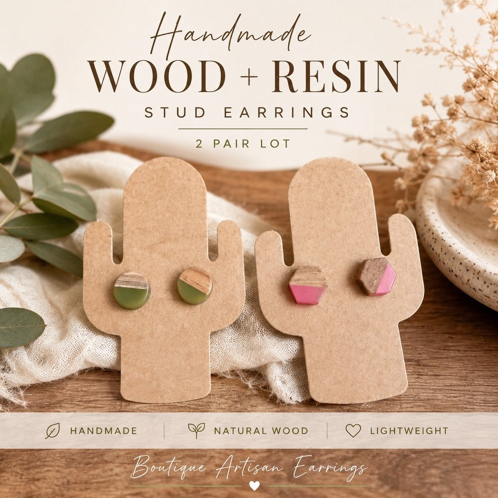 Pair Handmade Wood Resin Stud Earrings Green Pink Boutique Artisan Boho